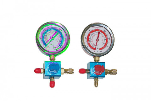  1-way pressure gauge unit high/low pressure with ball valve and pressure gauges in glycerine bath for gas R410A