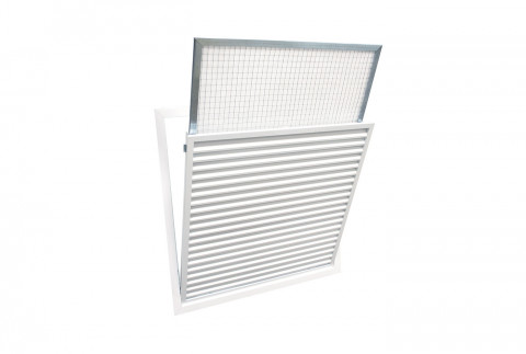  Intake grille with fixed flaps tilted at 45° in white painted aluminium with removable filter for false ceiling