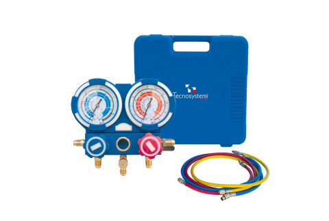  2-Wege-Trockenmanometer-Bausatz mit Gummischutz für R32 - R410A - R134 - TR422ABCD (R22) mit Peitschen, in einem Koffer geliefert