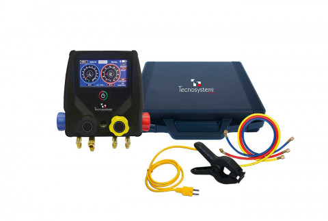  4-way professional digital pressure gauge unit kit with vacuum sensor, supplied in a carrying case