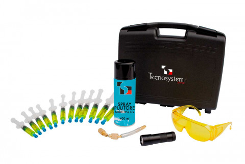  UV lamp syringe leak detection liquid kit, supplied in a carrying case